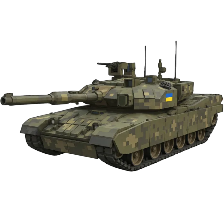 Player-generated Ukrainian main battle tank with pixel camouflage and blue-and-yellow flag
